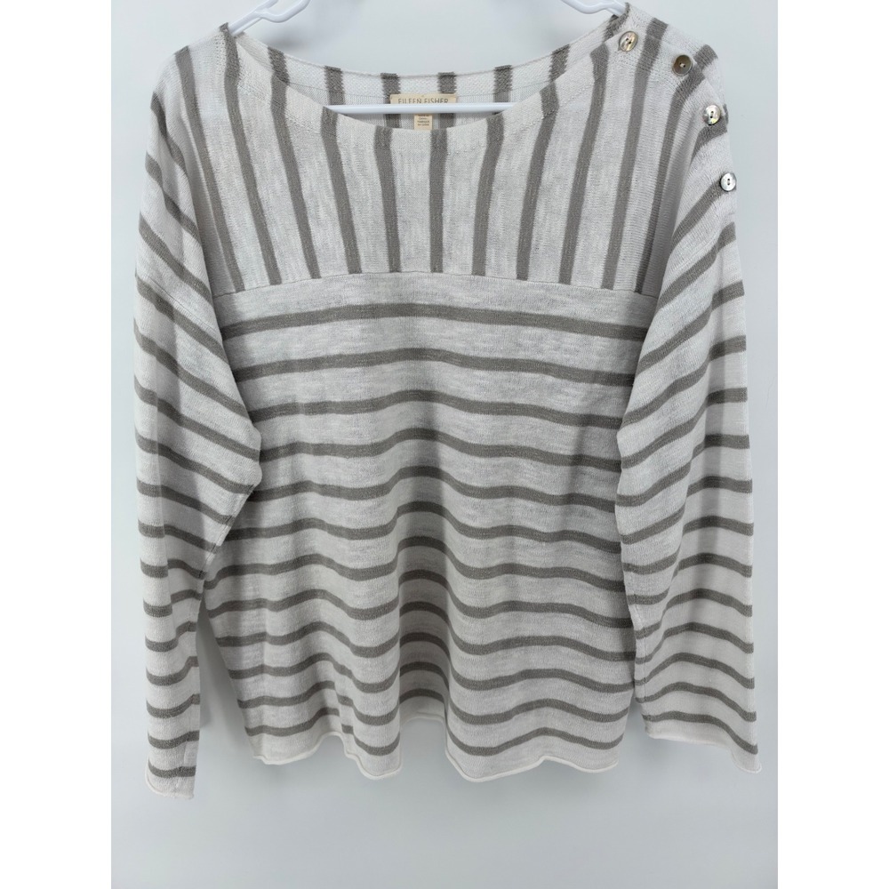 Eileen Fisher Linen Blend Knit Top M White Grey Striped Roll Hem Coastal Buttons